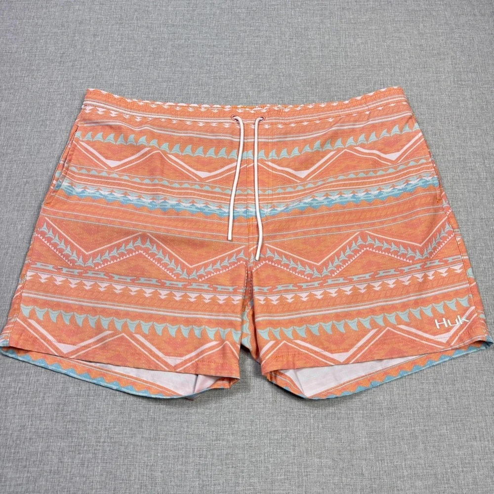 Huk Swim Trunks Shorts Mens 2XL (44) Orange Geometric Mesh Lined Drawstring